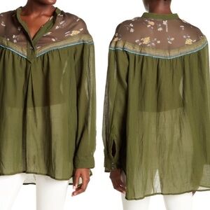Free People Olive Sheer Embroidered Blouse